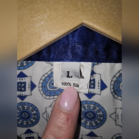 Vintage Graphic Geo Print Silk Pajamas Set Mens L Tile Print Blue Unisex EUC - Picture 10 of 12